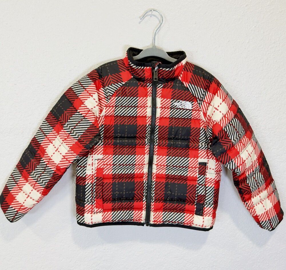 The North Face Roxborough Kids Plaid 550 Fill Down Puffer Jacket Red Unisex Sz 5